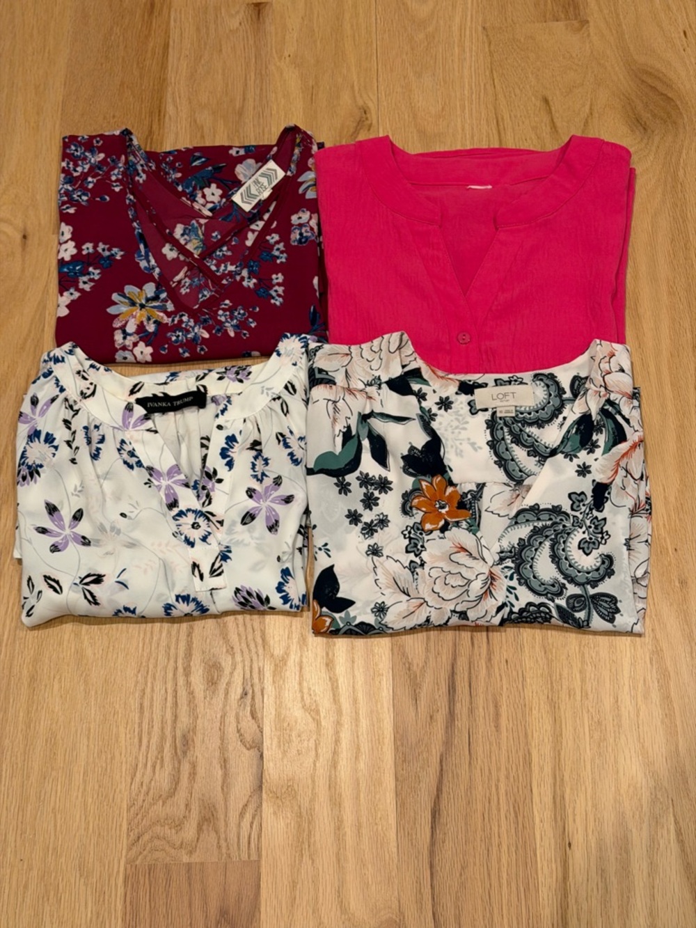 LOFT Floral V-Neck Blouse in White with Multi Floral Print